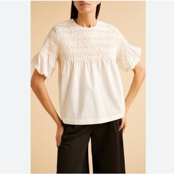 MERLETTE   Orestes Ivory Smocked Pima-cotton Blouse Size L - Picture 1 of 6